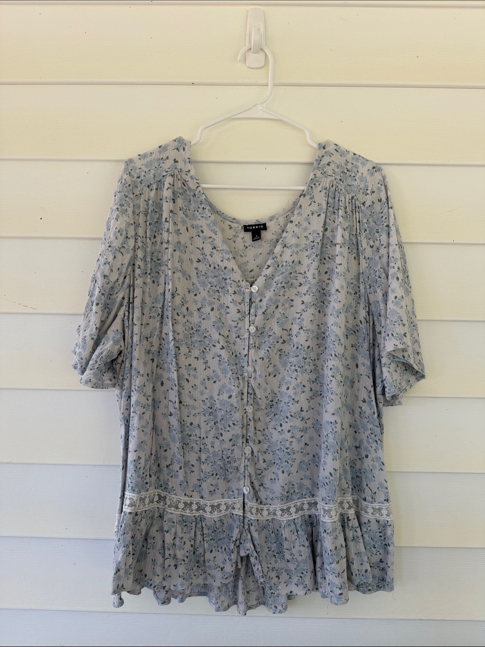 torrid Pale Blue Floral Lace-Trim Button Front Blouse